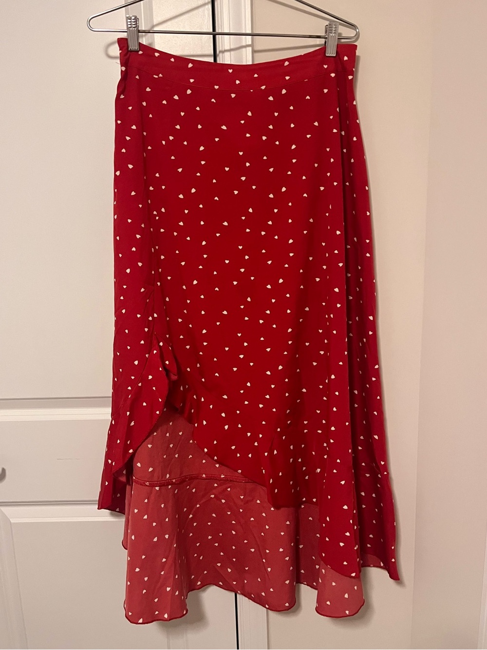 SHEIN Red High-Low Midi Skirt with White Heart Print